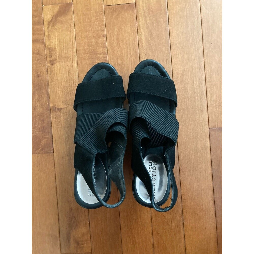 Kenneth Cole Reaction Women's Black Stretch Strappy Wedge Sandals Size 5.5M